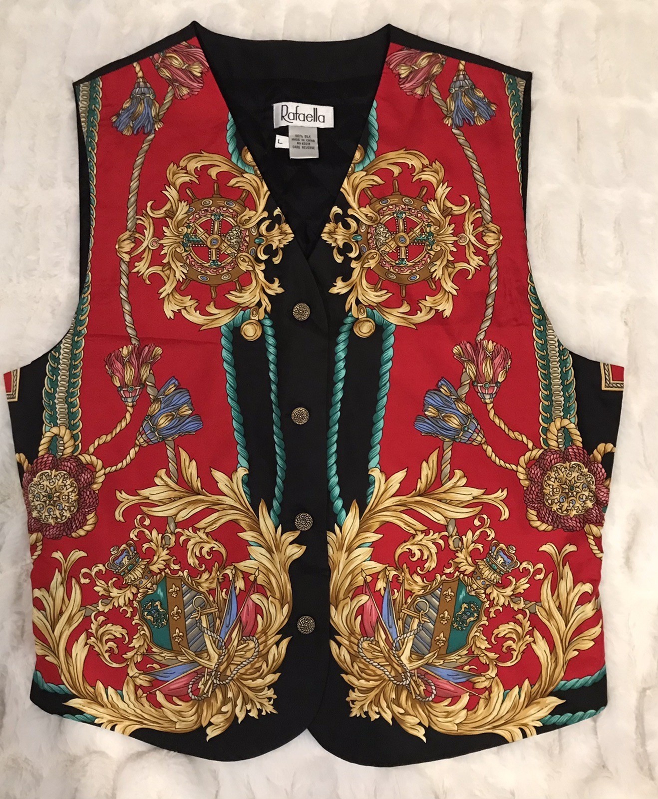 VTG Rafaella 100% Silk Vest Women&rsquo;s Large Gold Buttons Baroque Regal Quilted