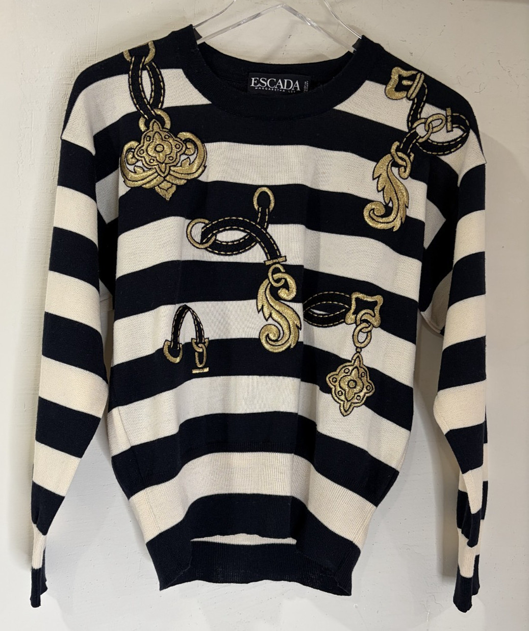 Vtg ESCADA Sweater EU Sz 34 Bust 39&Prime; Black Cream Gold Appliques Margaretha Ley