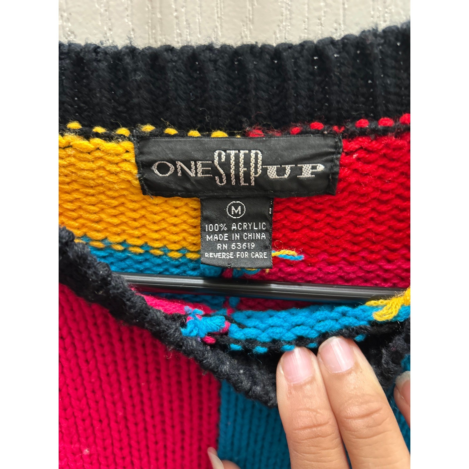 One Step Up Vintage Colorblock Geometric Sweater Women&rsquo;s M 90s Oversized Acrylic