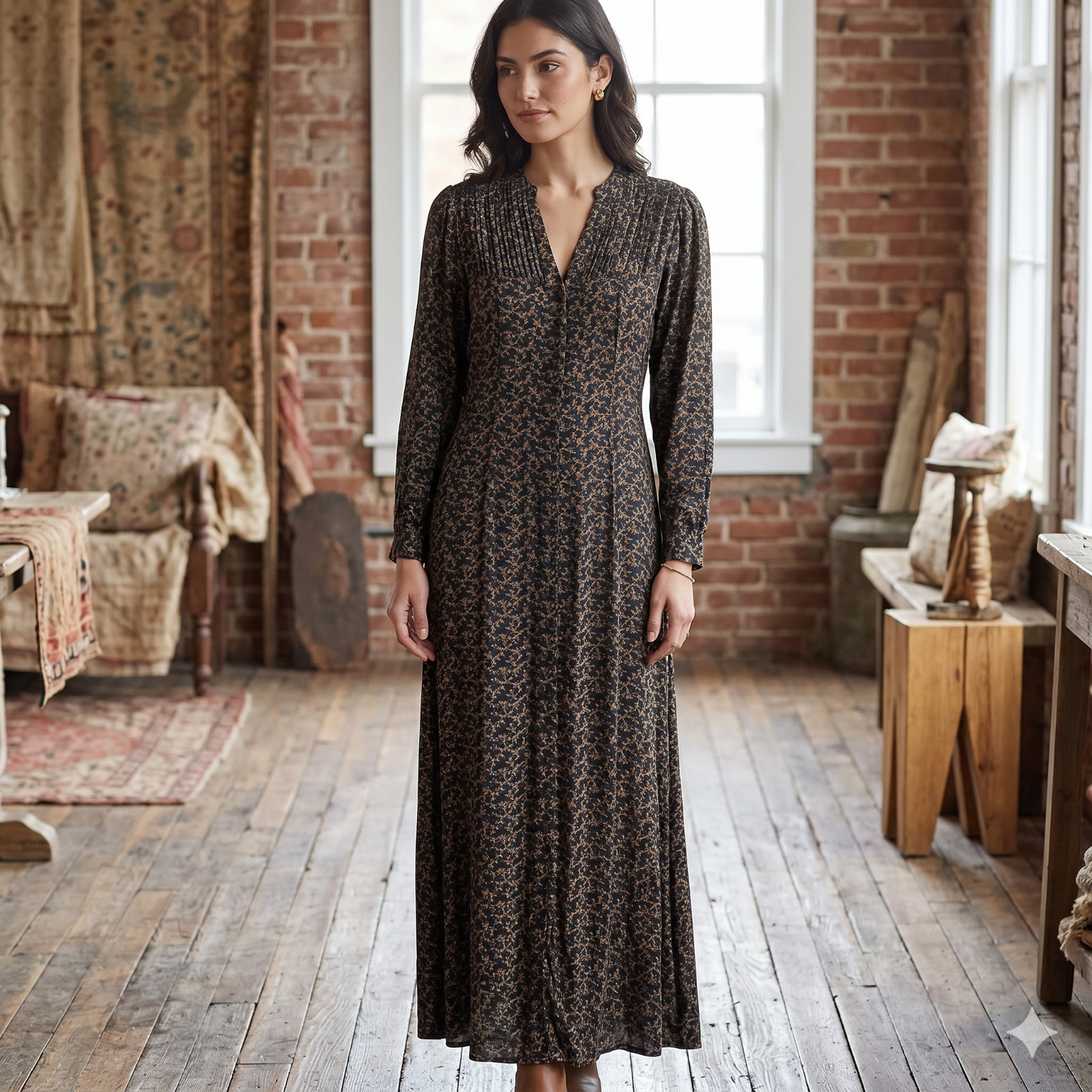 Vintage 1990S April Cornell Black And Brown Button-Down Flora Maxi Dress Size M
