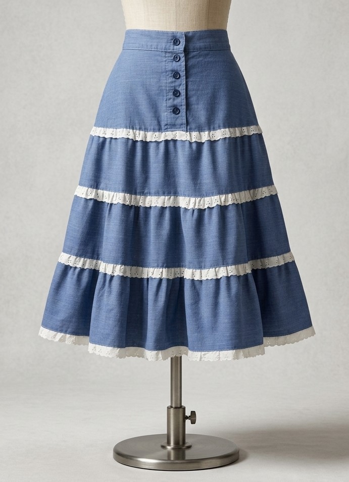 Vintage 70&rsquo;s Chambray Prairie Western Skirt Tiered Eyelet Lace Trim XS Union Tag