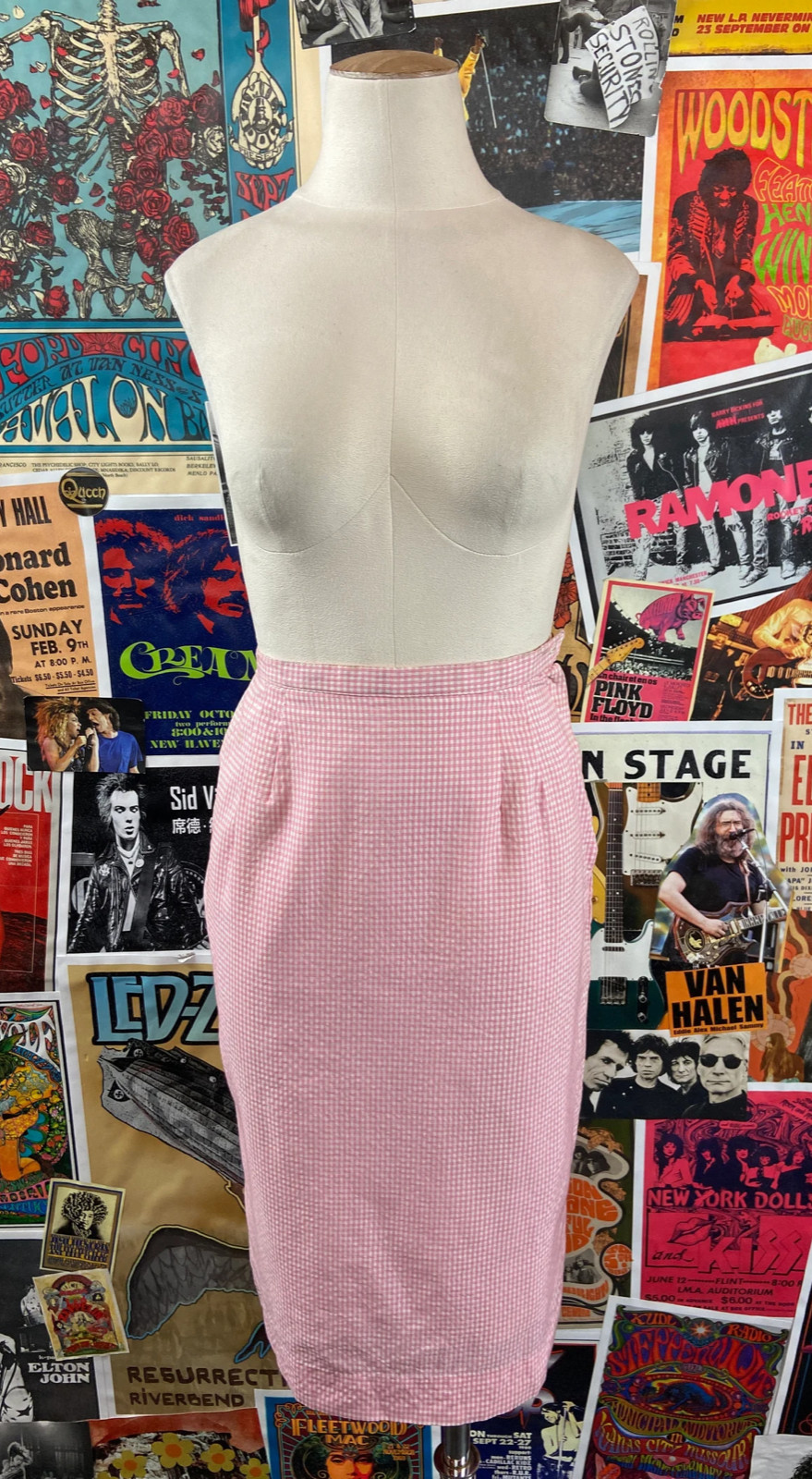 Vtg Junior Girls 60s Pink Gingham Plaid High Waist Pencil Skirt 22/23&Prime; Waist