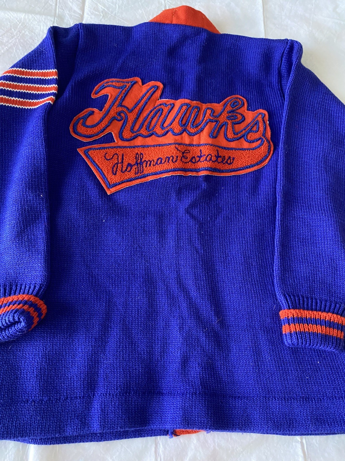 Letter Sweater, blue and orange, 1980s, Hoffman Estates plus letters