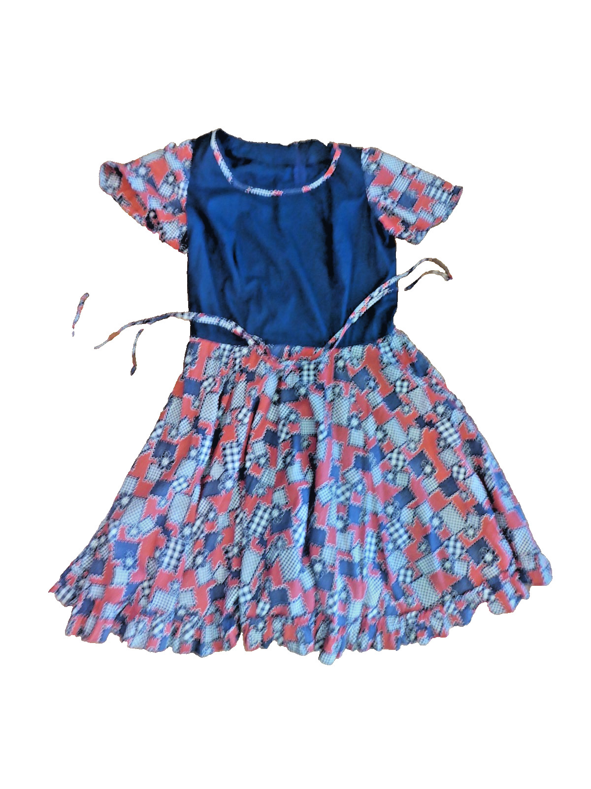 Vtg 70s Patchwork Quilt Print Dress Handmade Tulip Sleeve Patriotic Prairie Med.