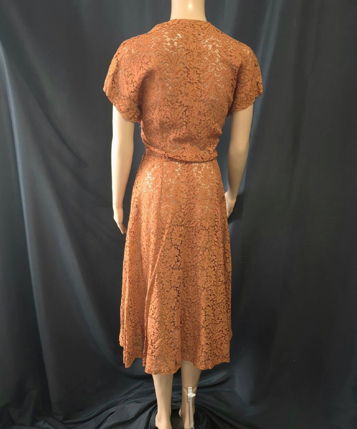 POST WAR 1940s 50s Vintage Sheer COPPER BROWN LACE A-line PARTY DRESS – S