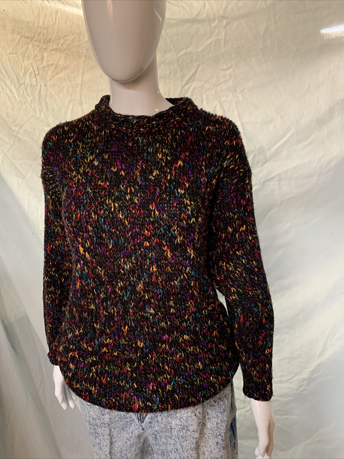 Vintage 80s Acrylic Slouchy Crewneck Sweater Black With Multi Color Flecks S