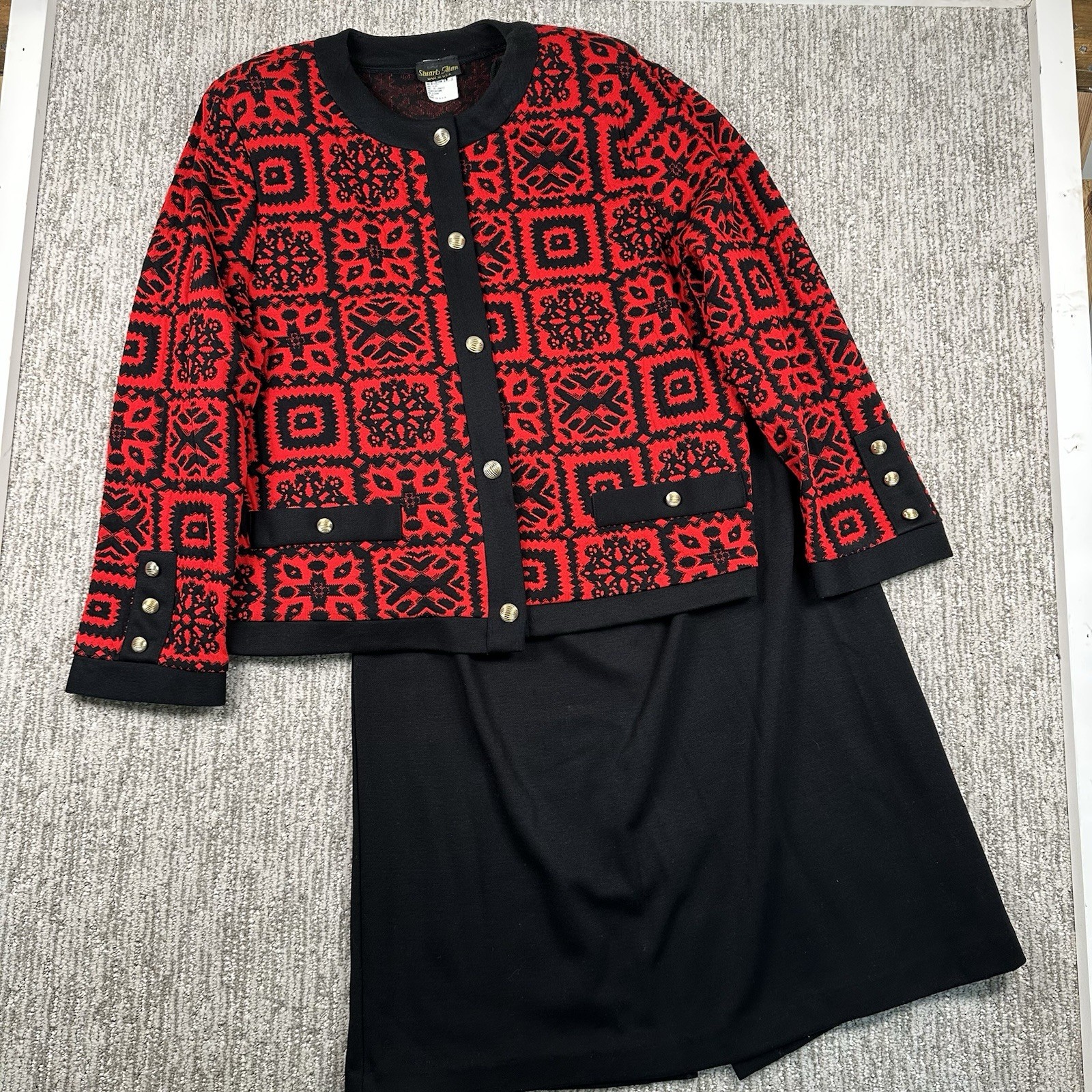Vtg 80s Women Sz 18 Sweater Skirt Set Red Knit Artsy Gold Button Rare Old Money