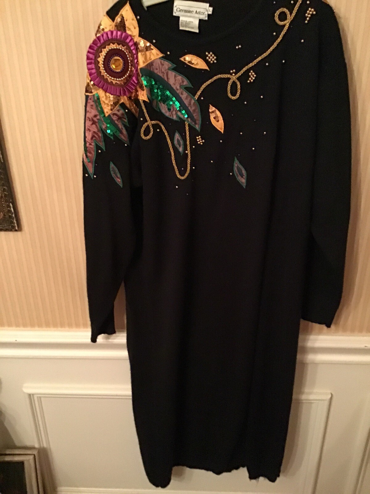Vintage Germaine Astor 80s Black Sweater Dress Yellow Pink Floral Green Beaded L