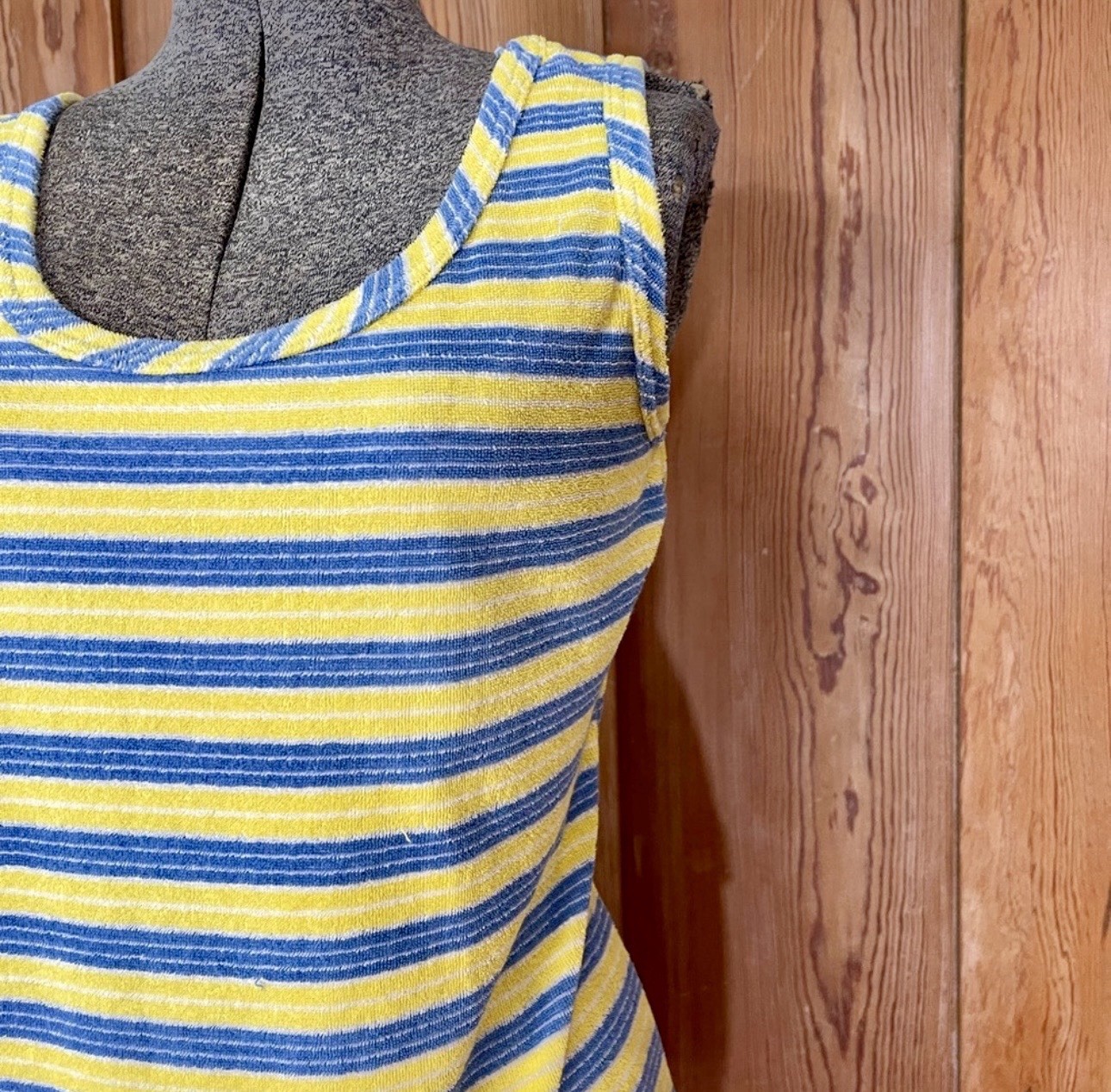 Vntg 70s Terrycloth Striped Tank Top Blue Yellow Retro Beachy Mod Tee Sz M💛🍄