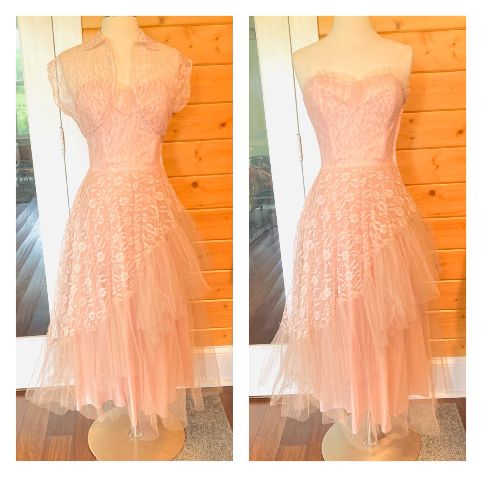 Vintage 1950s strapless prom dress w lace bolero dusty pink asymmetrical cupcake