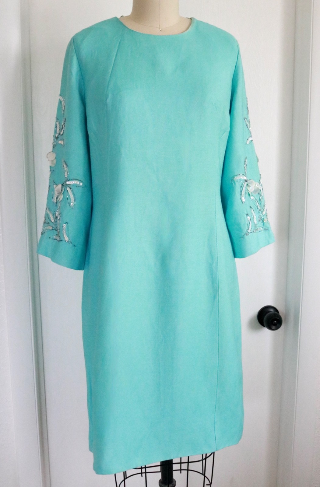 Vintage 50s 60s Turquoise Rhinestone Beaded Sequin Dress Size M Mid Century