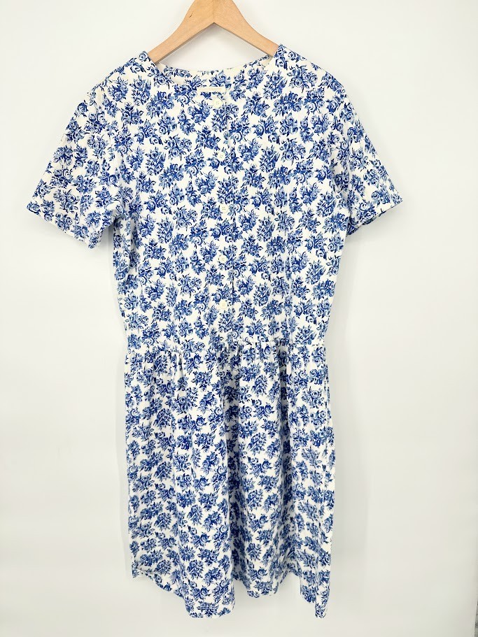 Vintage Susan Bristol A-Line Dress Size Large Blue Floral 100% Cotton Cottage