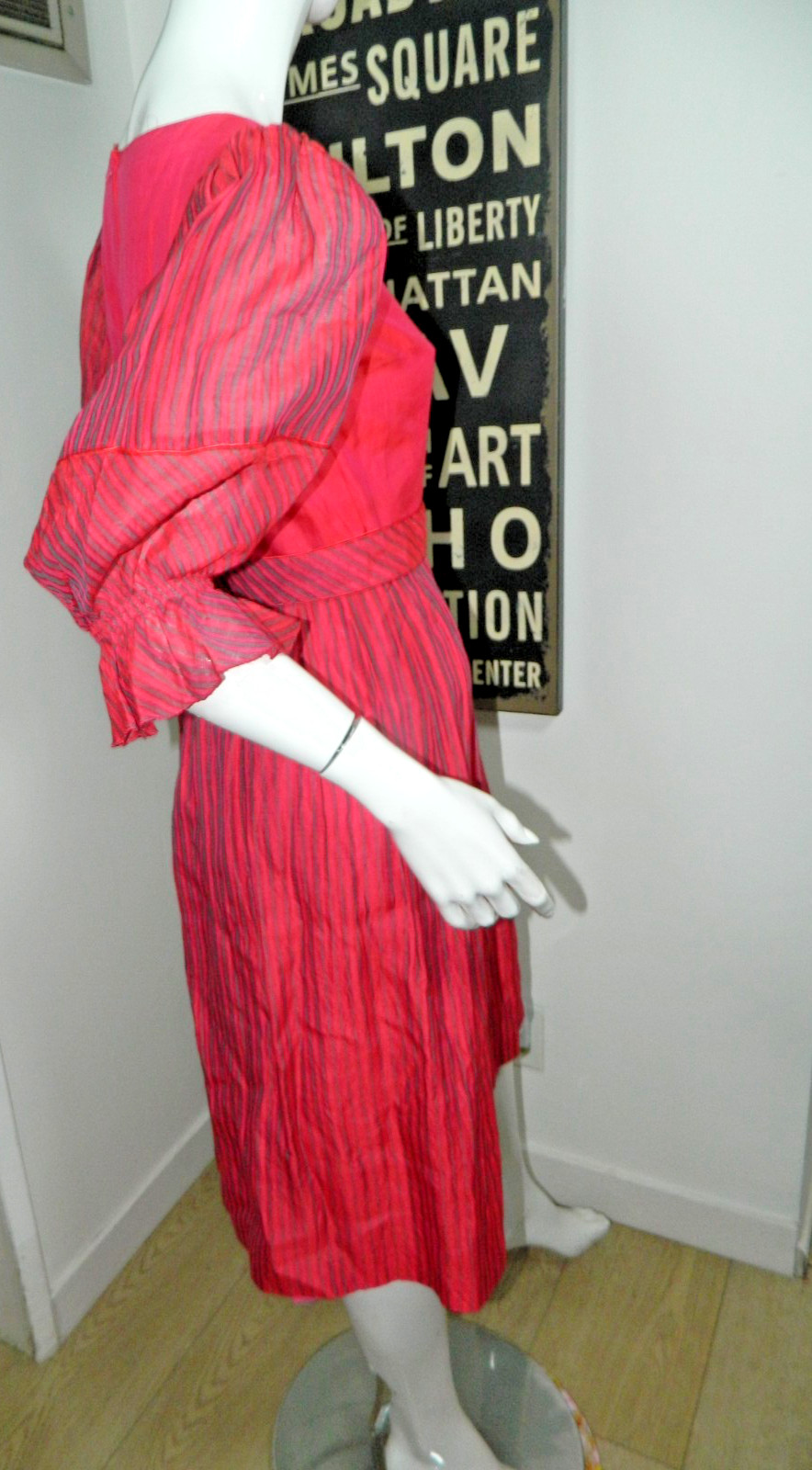 Hardy Amies Dress Size Small Vintage 1950’s Pink Stripes Puffy Sleeves Belted
