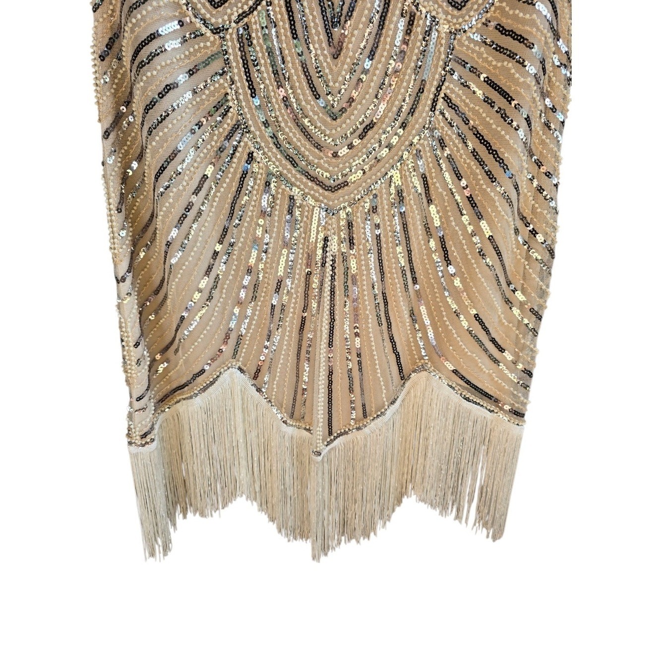 1920s Sequin Beaded Fringe Gatsby Flapper Cocktail Dress in Champagne Size Large