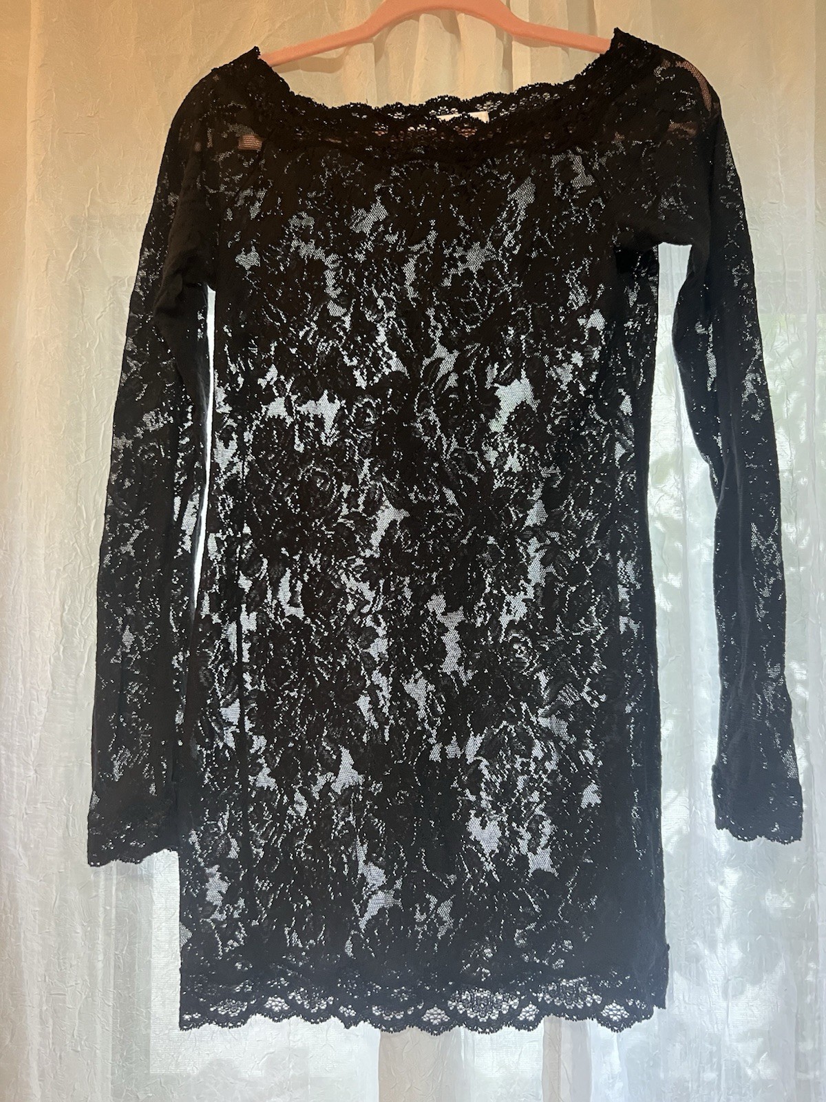 Vtg Y2K Victoria Secret Black Lace Lingerie Dress Bell Sleeves Large