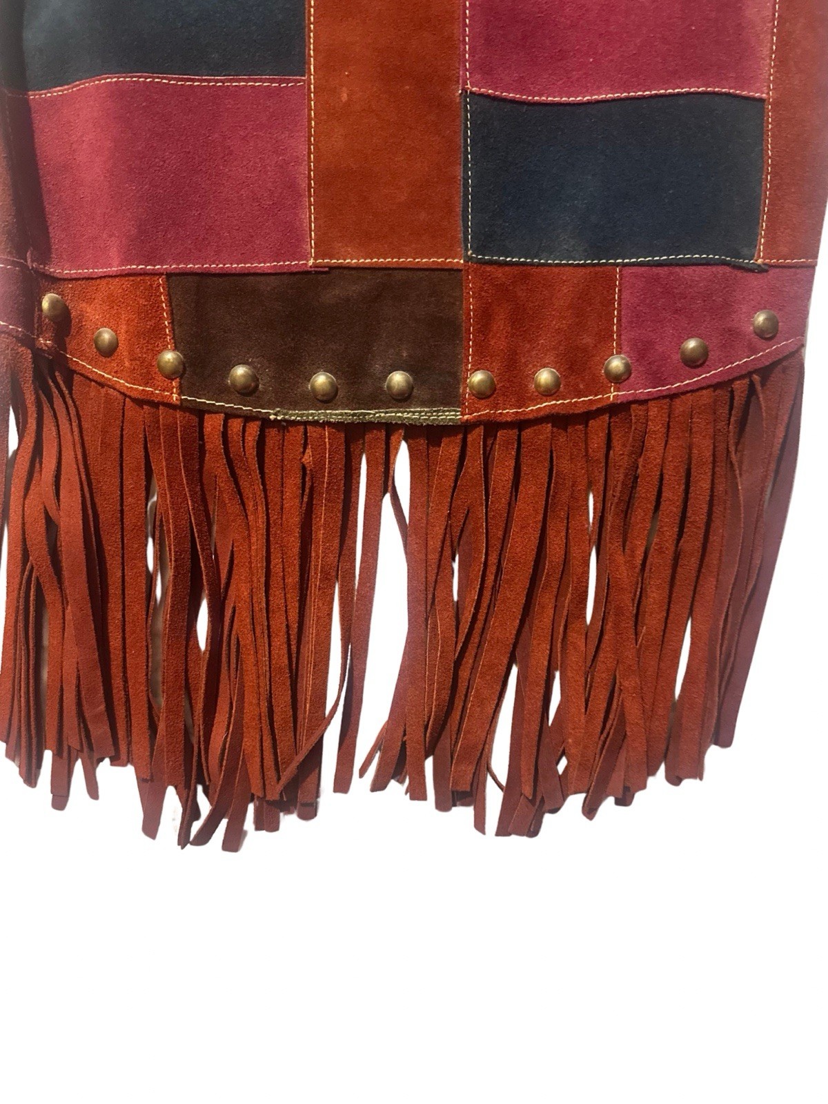 VINTAGE 1968 MONICA CANADA Suede Patchwork Fringe Vest Woodstock Hippie Rocker S