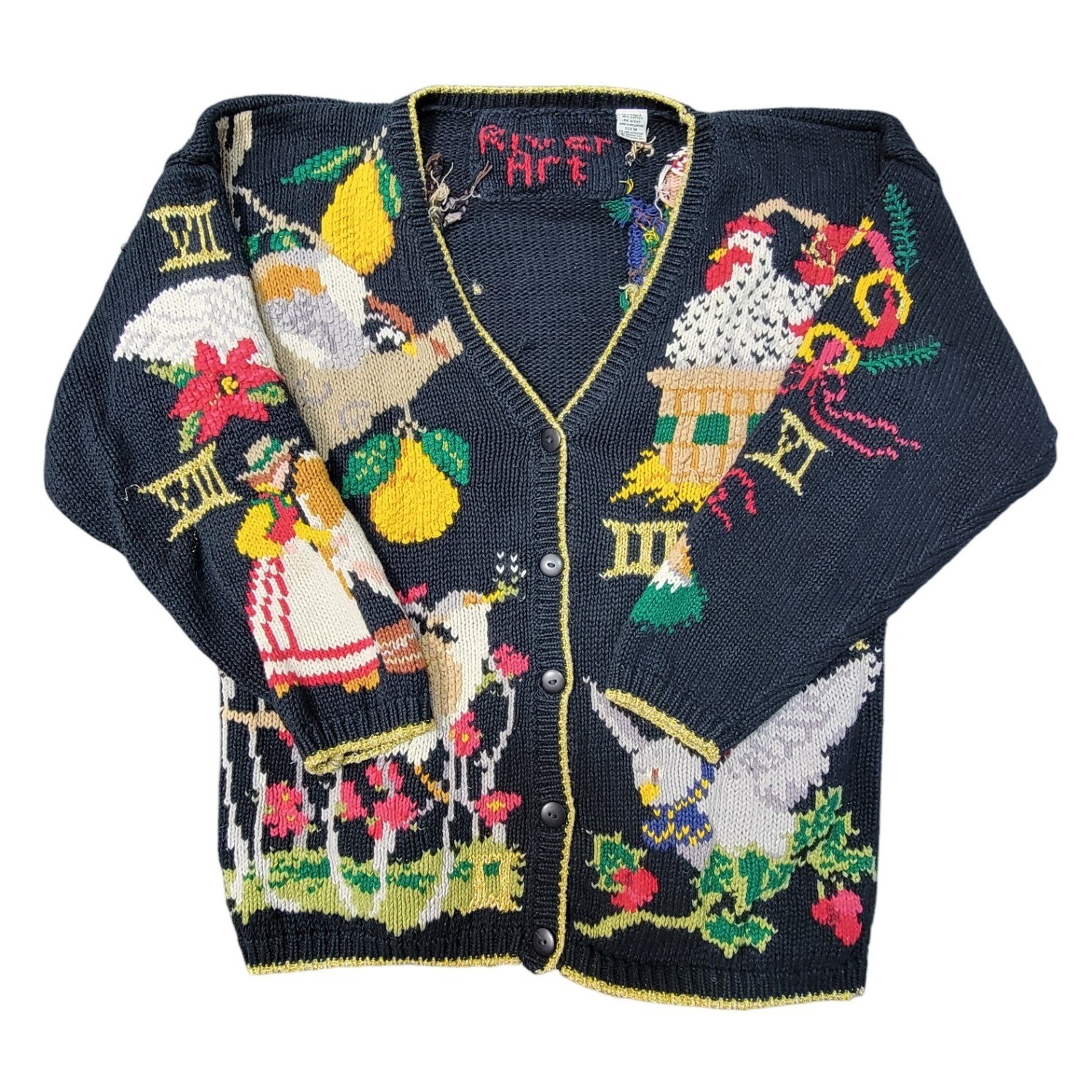 EUC VTG 90s River Art Cardigan Sweater M Ramie Cotton Scenic Novelty FolkArt USA