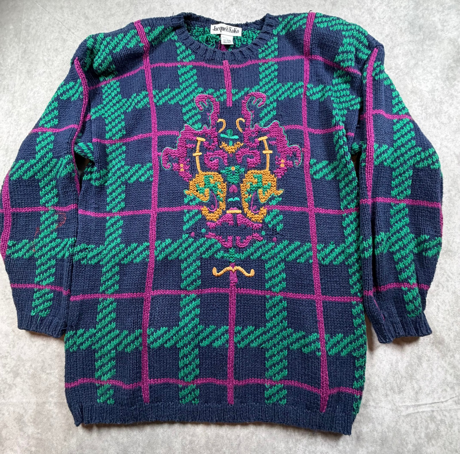 Vtg 90s Jacque & KoKo Plaid Crest Sweater 14/16 Ramie Cotton
