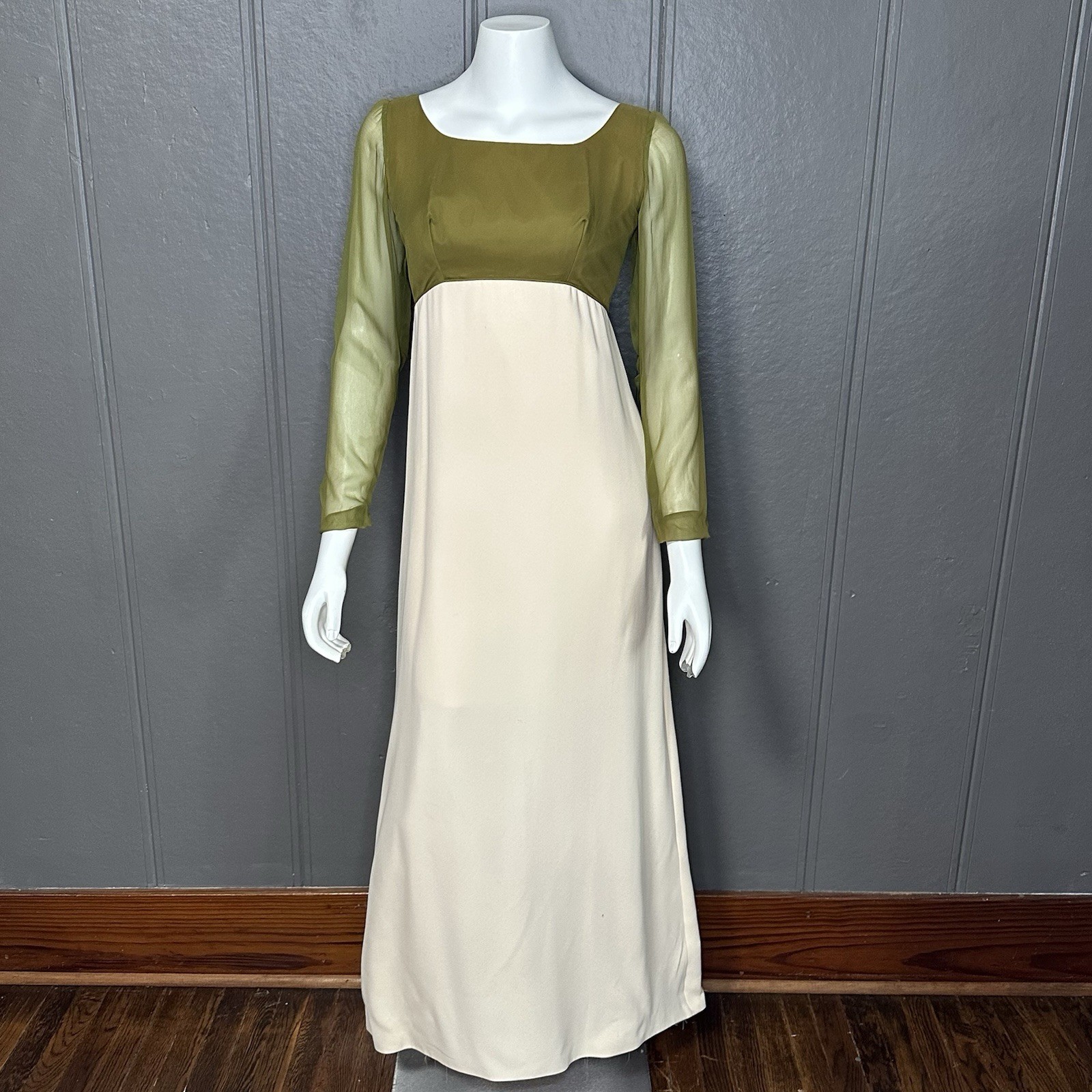 Vintage 1960’s Handmade Moss Green and Cream Gown with Train