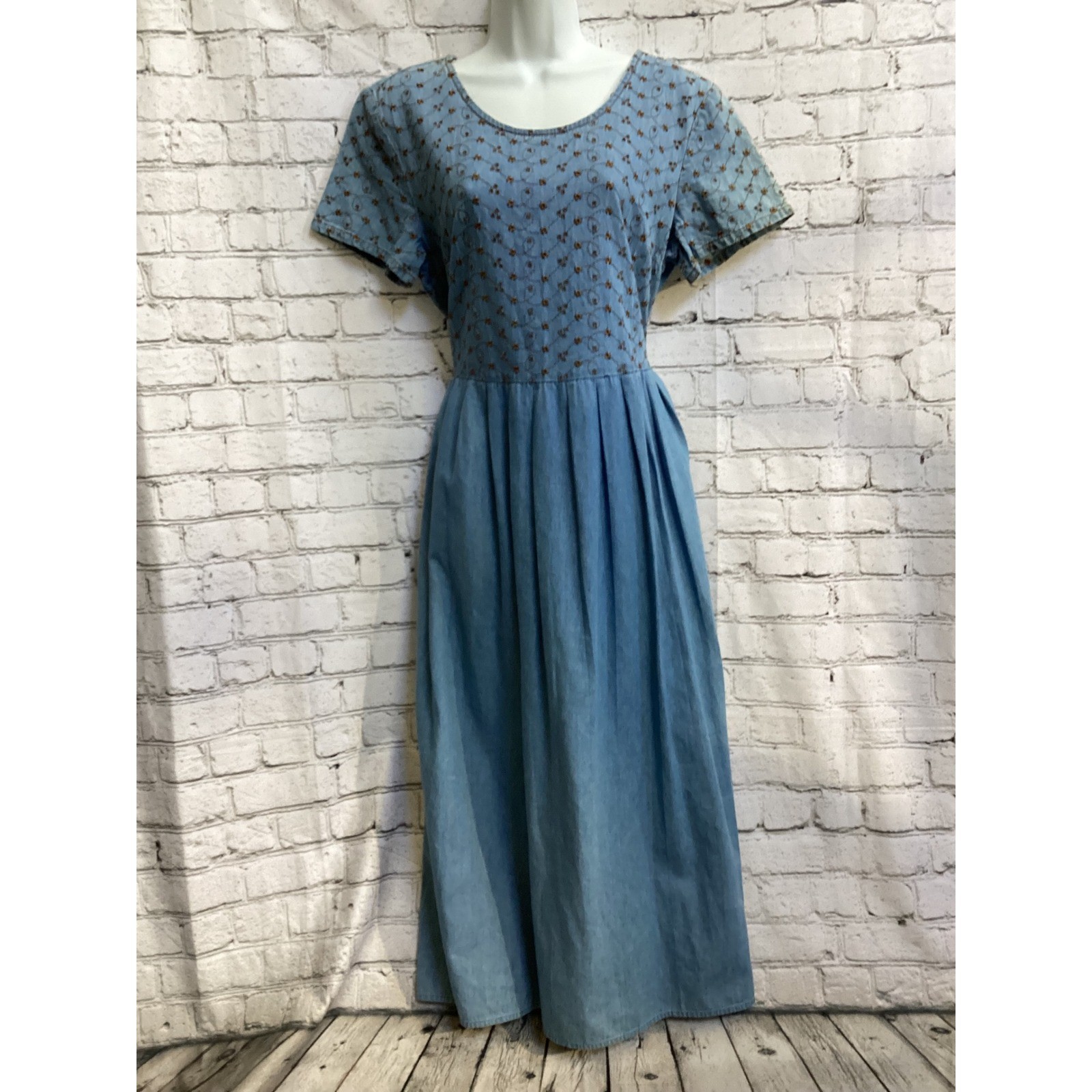 Vintage Denim Embroidered Maxi Dress Blue eyelet Cottagecore Tie Back