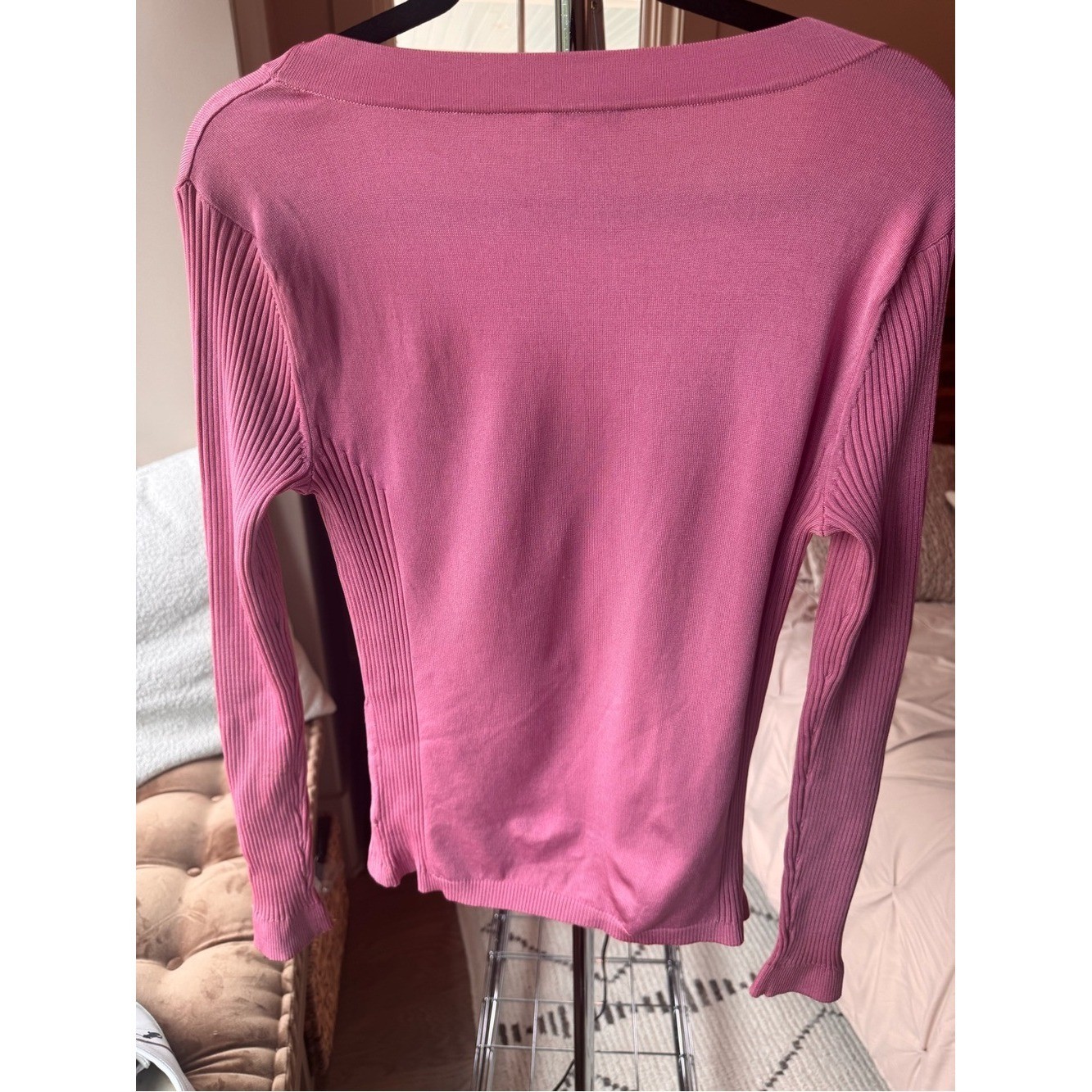 Vintage Y2K Cache Pink Ribbed Long Sleeve Top Size L Rhinestone Zipper
