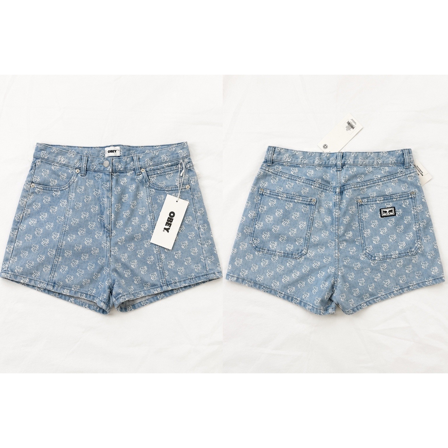 NWT OBEY Clash Women&rsquo;s Light Indigo Denim Short High Rise Streetwear Y2K