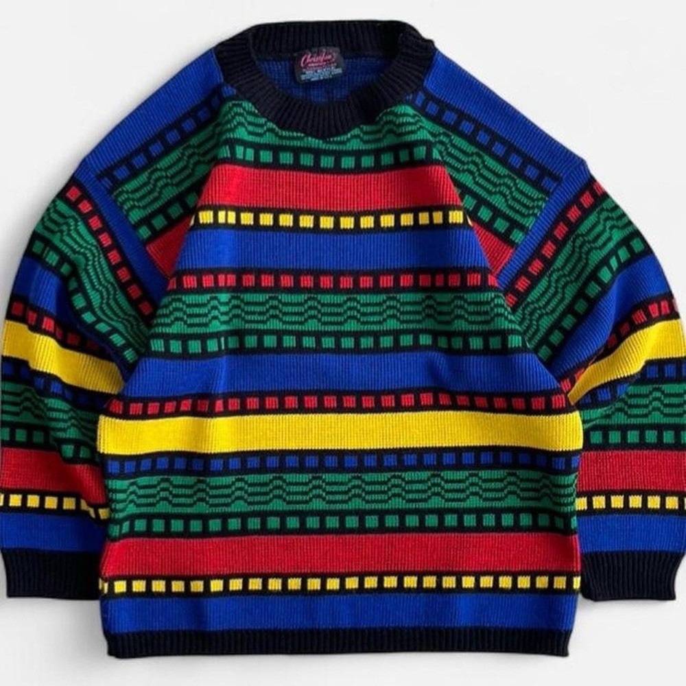 Vintage Chris Ann Knitwear Primary Red Blue Yellow Green Color Block Sweater