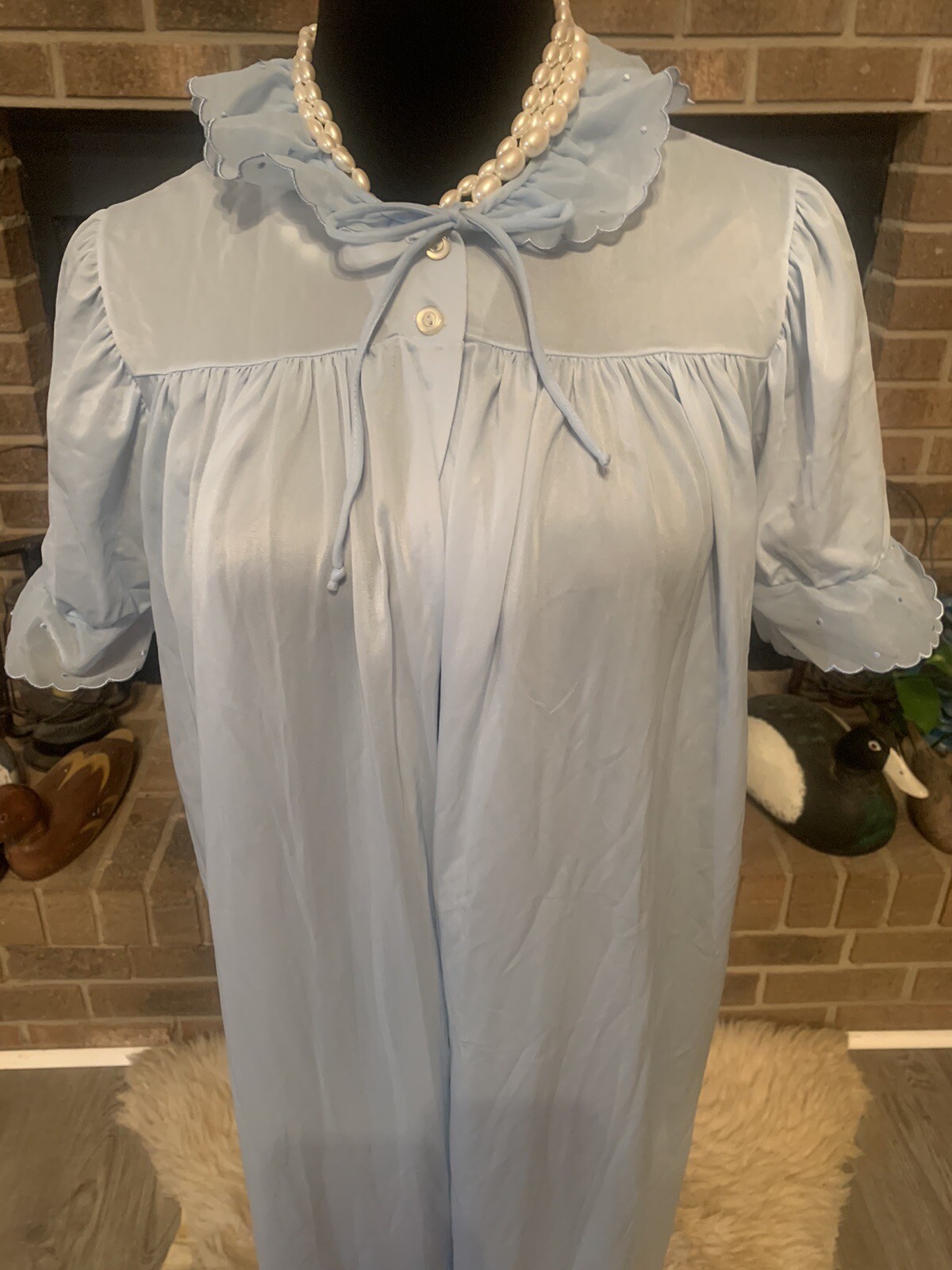 VTG Blue Silky Nylon ROBE DRESSING GOWN Unbranded SZ 38” Bust Chiffon Ruffles!