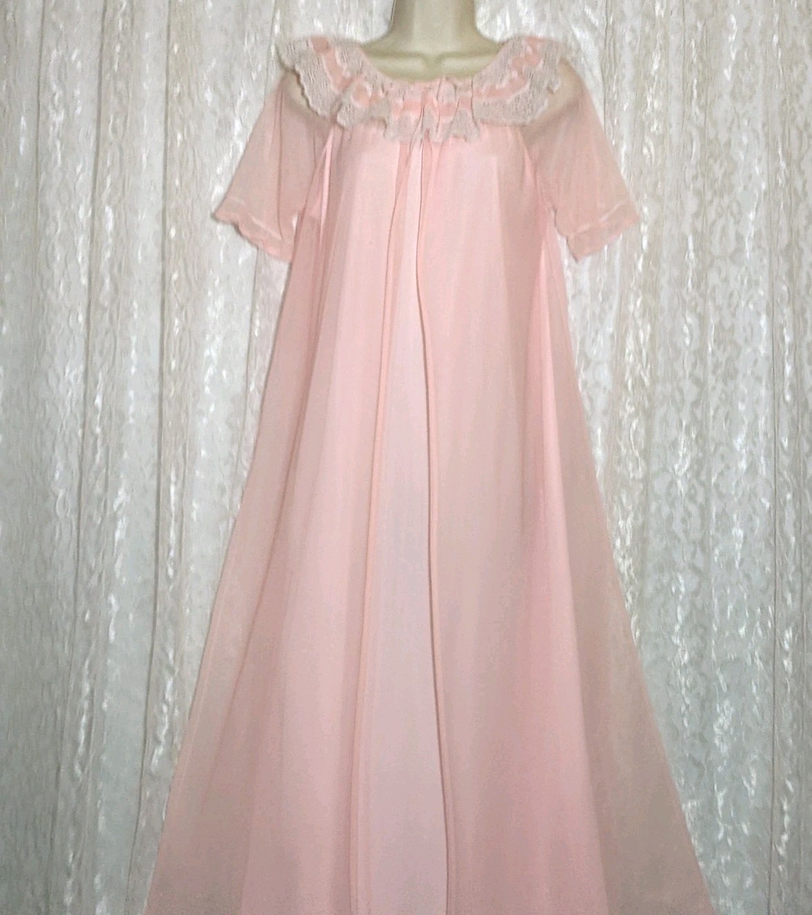 Vintage Pink Nightgown White Lace Chiffon Peignoir Robe Set M