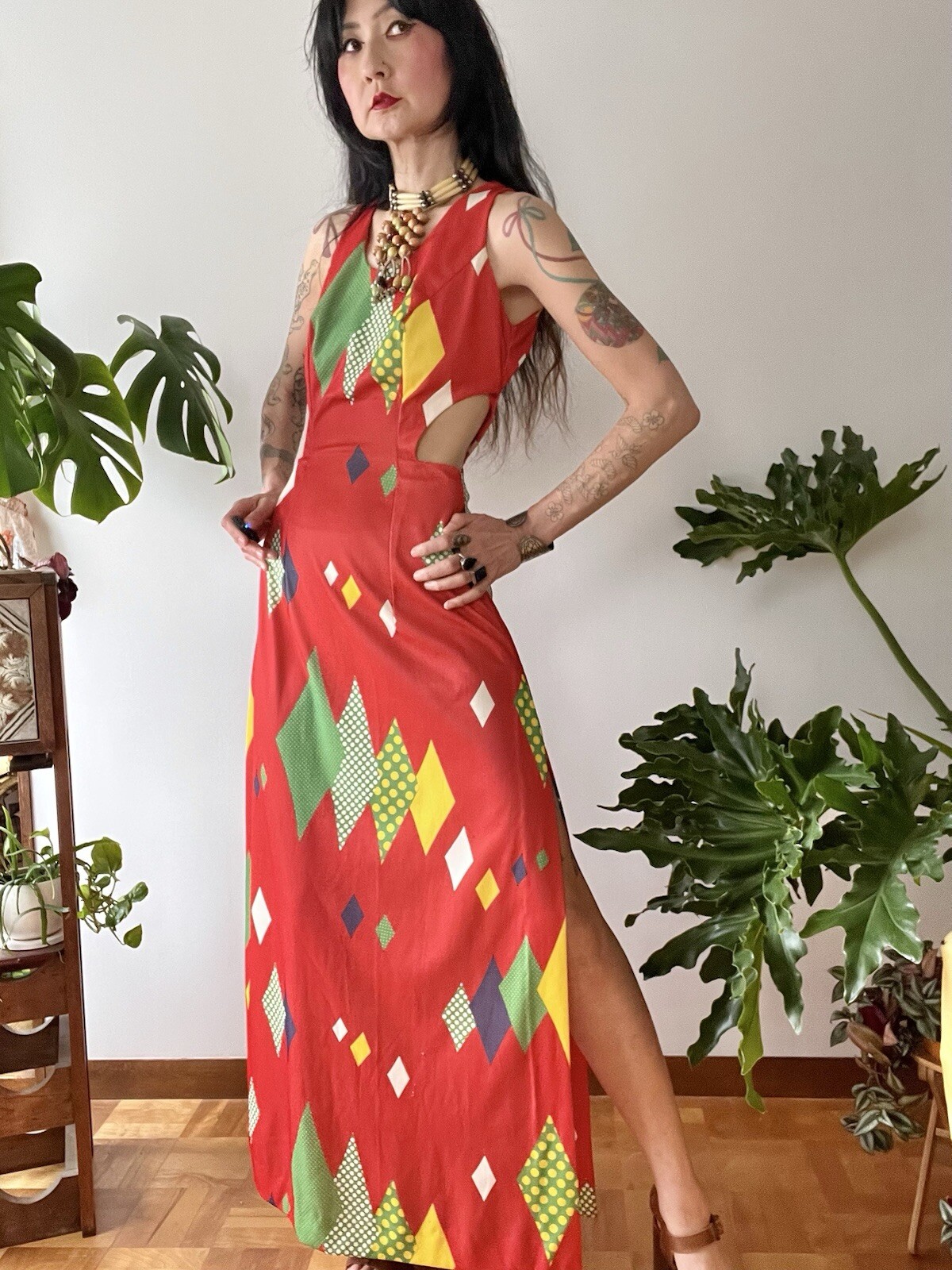 VTG 60s 70s Mod Geometric Cutout Maxi Dress S/M Psych Kitsy Boho Side Slit