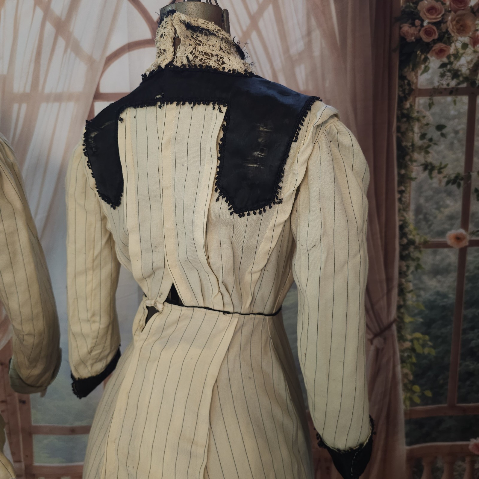 Antique Walking Suit 2 Pc Cream Pinstripe Purse Dress Black Trim Blazer Jacket