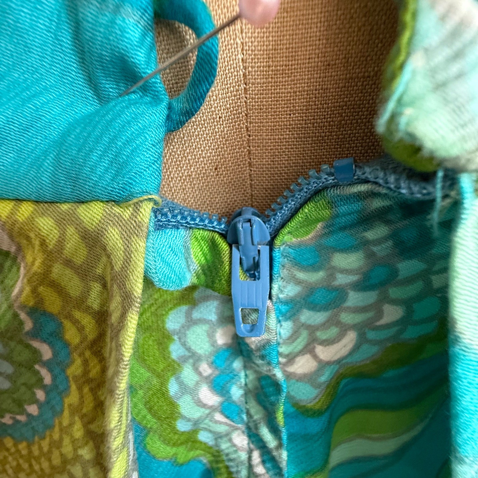 Vtg 60s 70s Psychedelic Mod Mini Dress Teal & Lime Mock Neck Trapeze Size XS