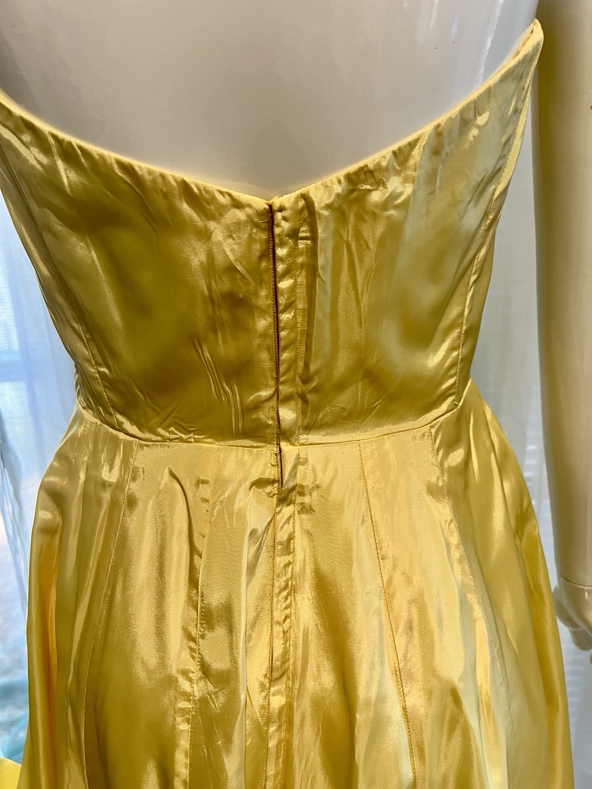 Vintage Buttercream Lined Yellow Strapless Satin Darted Boned Bust Circle Dress