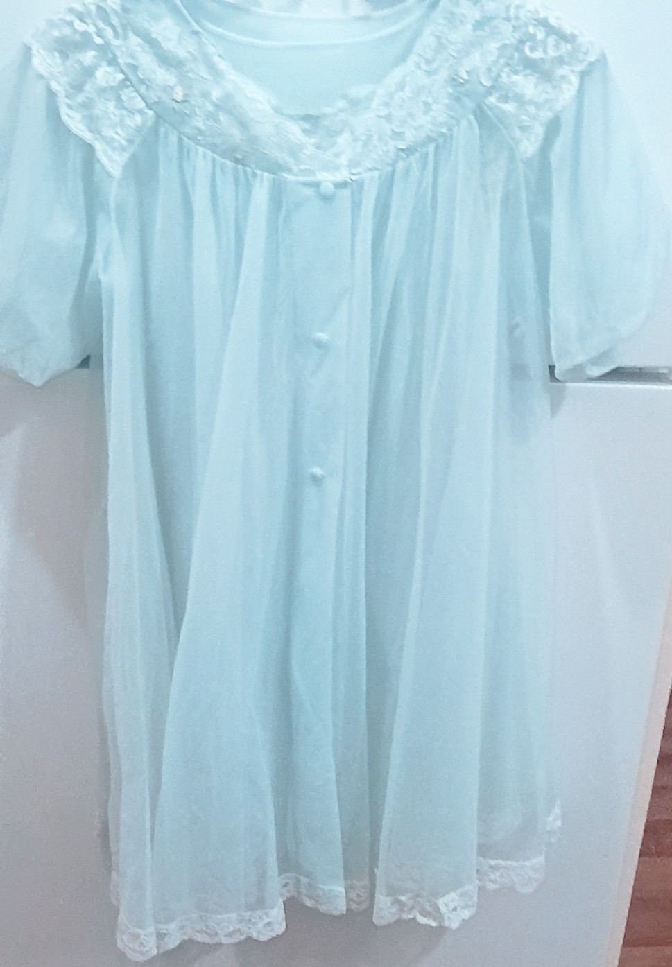 Shadowline Petite Light Blue Nylon Lace Vintage Robe & Nightgown Peignoir Set