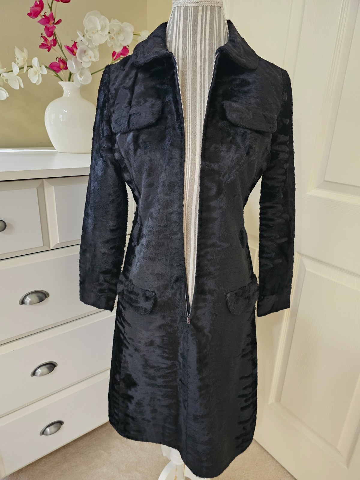 VTG 1960s Adele Simpson Womens Black Crushed Velvet Half Zip Coat Dress Sz. M