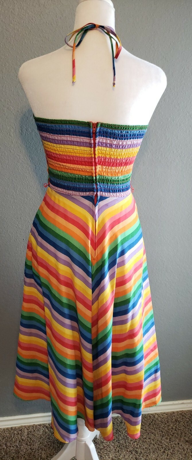 Vtg 60&rsquo;s Rainbow Chevron Stripe Mod Hippy Pride Sun Day Dress 3 XS S