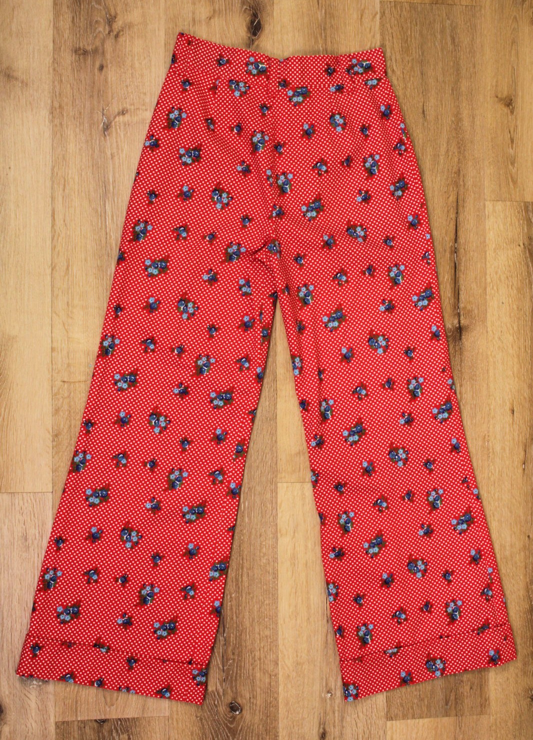 VTG Women&rsquo;s 70s Red Polka Dot & Blue Floral Bell Bottom Pants Sz 29&Prime; / M 1970s