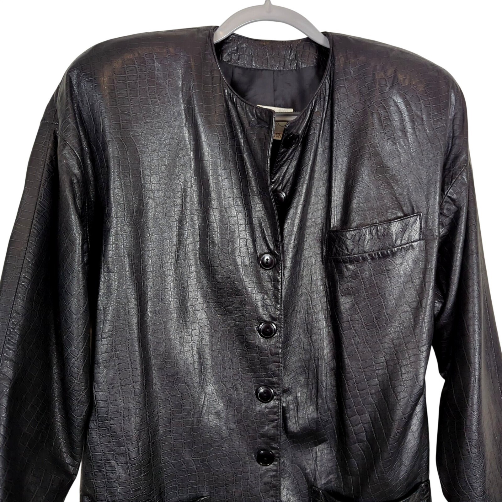 Vintage Vakko Leather Black Jacket Size M Croc Embossed USA Made Button Front
