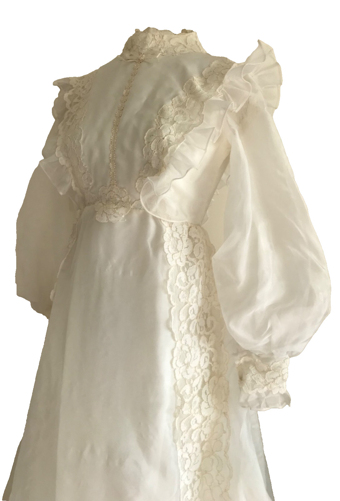 Vintage 70’s Prairie Wedding Down, Long Sleeve, Cream, Full Skirt High Neck