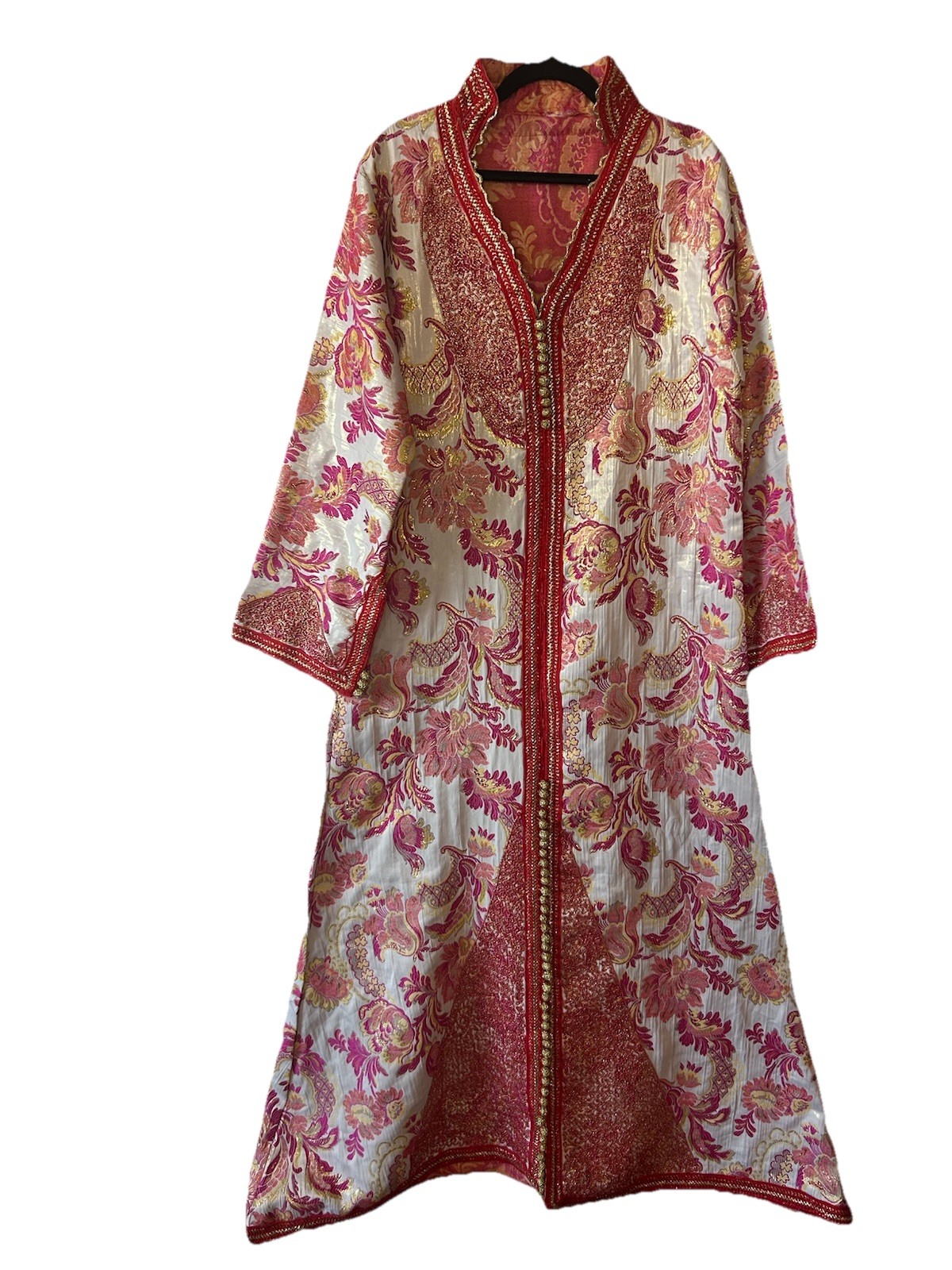 Vintage 1970’s Moroccan Brocade Kaftan Maxi Dress Pink Gold Embroidered L/XL