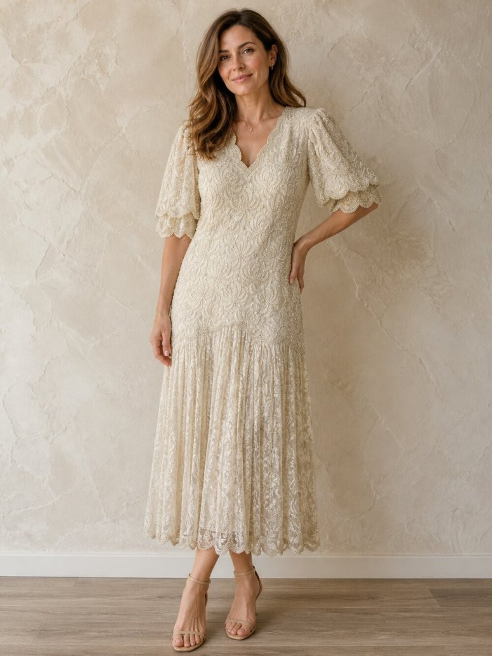 Vtg 80s Laurence Kazar Ivory Dress Pearls Beaded Gown Art Deco Gatsby Medium