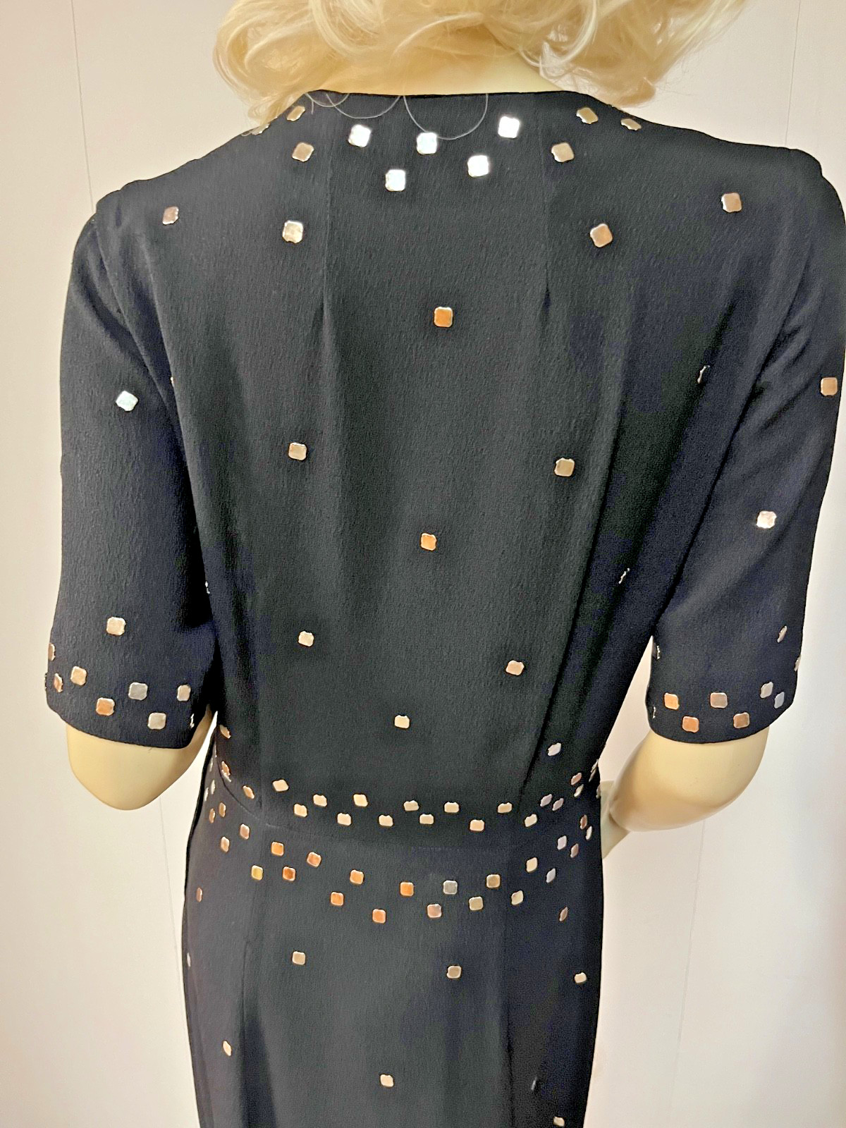 Stunning Prong Set Studded Vintage 1940s Black Rayon Mid Calf Dress Bust 38-39