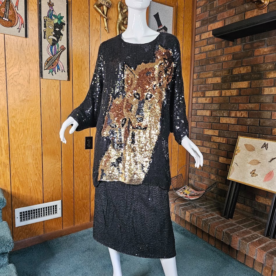 Vintage 80s Disco Panther Sequin Evening Cocktail Party Micro Mini Dress M/L/XL