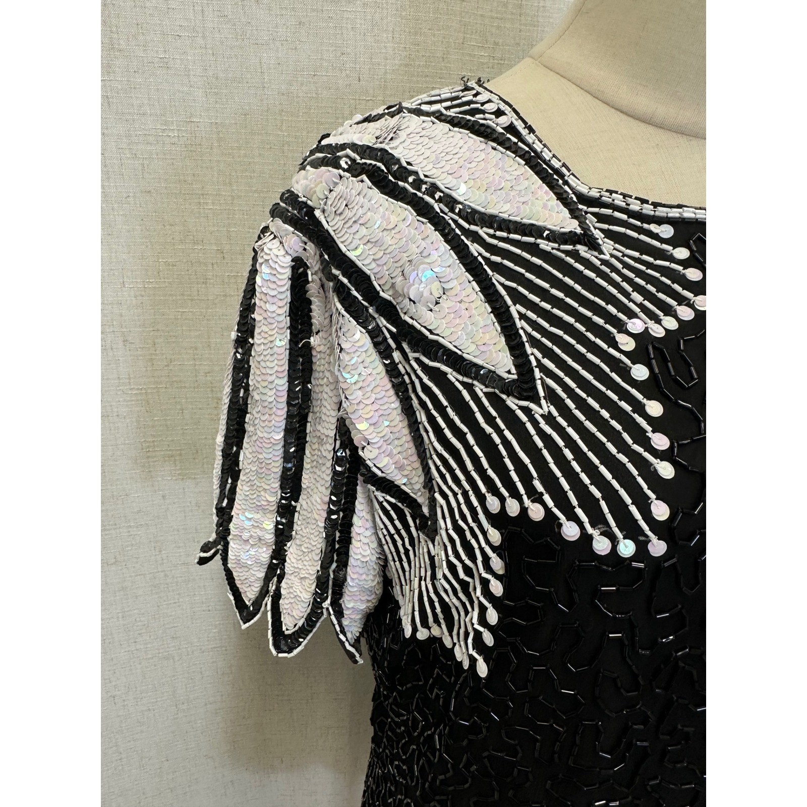 Stenay 100% Silk Beaded Sequin Black White Top Womens 14 Vintage Evening Blouse