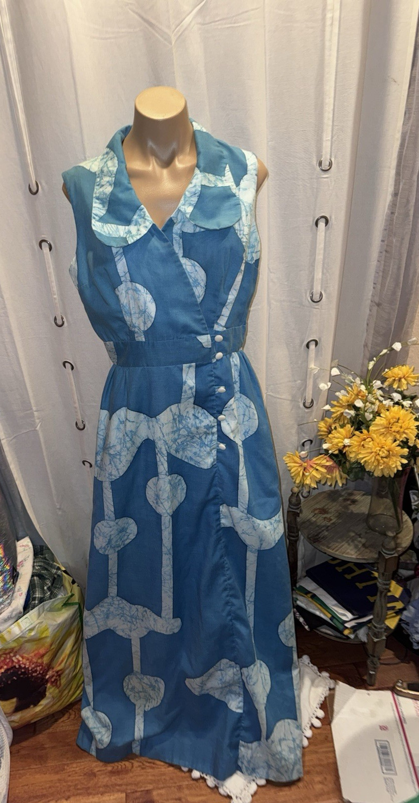 VTG McInerny Hawaii Aloha Sleeveless Blue Tie Dye Abstract Print Dress-38&Prime; Chest