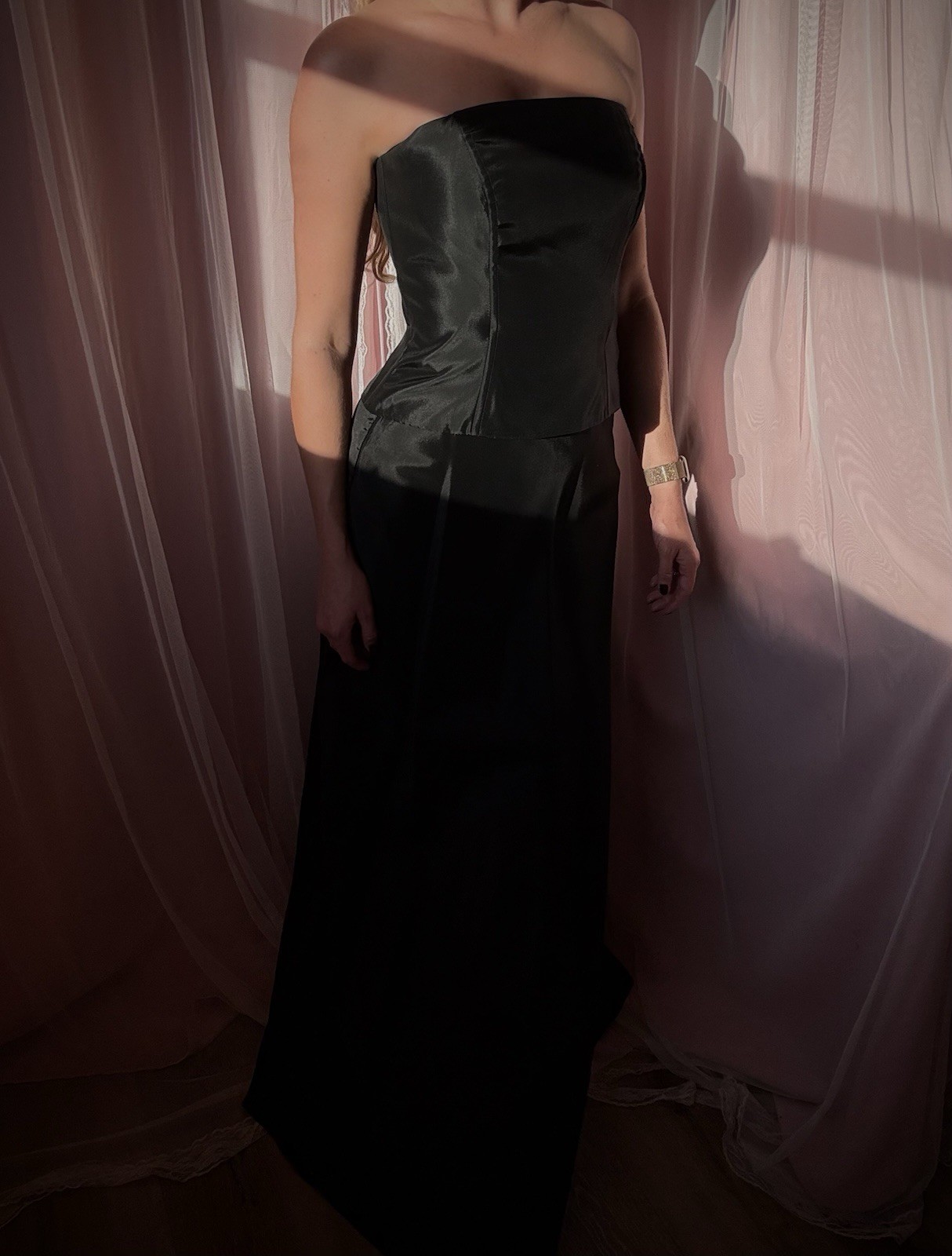 Vintage Black Taffeta Boned 2 Piece Evening Dress Set