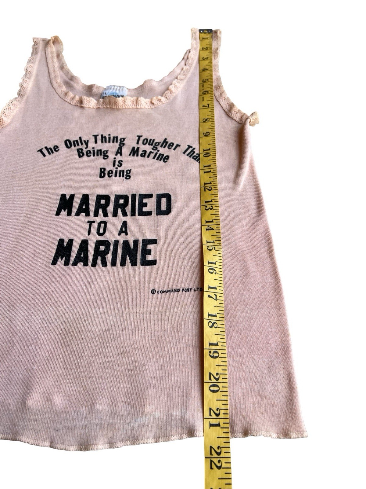 VTG 80s Rare Sportique MARINE WIFE Peach Novelty Tank Top Lace Trim Military Fun