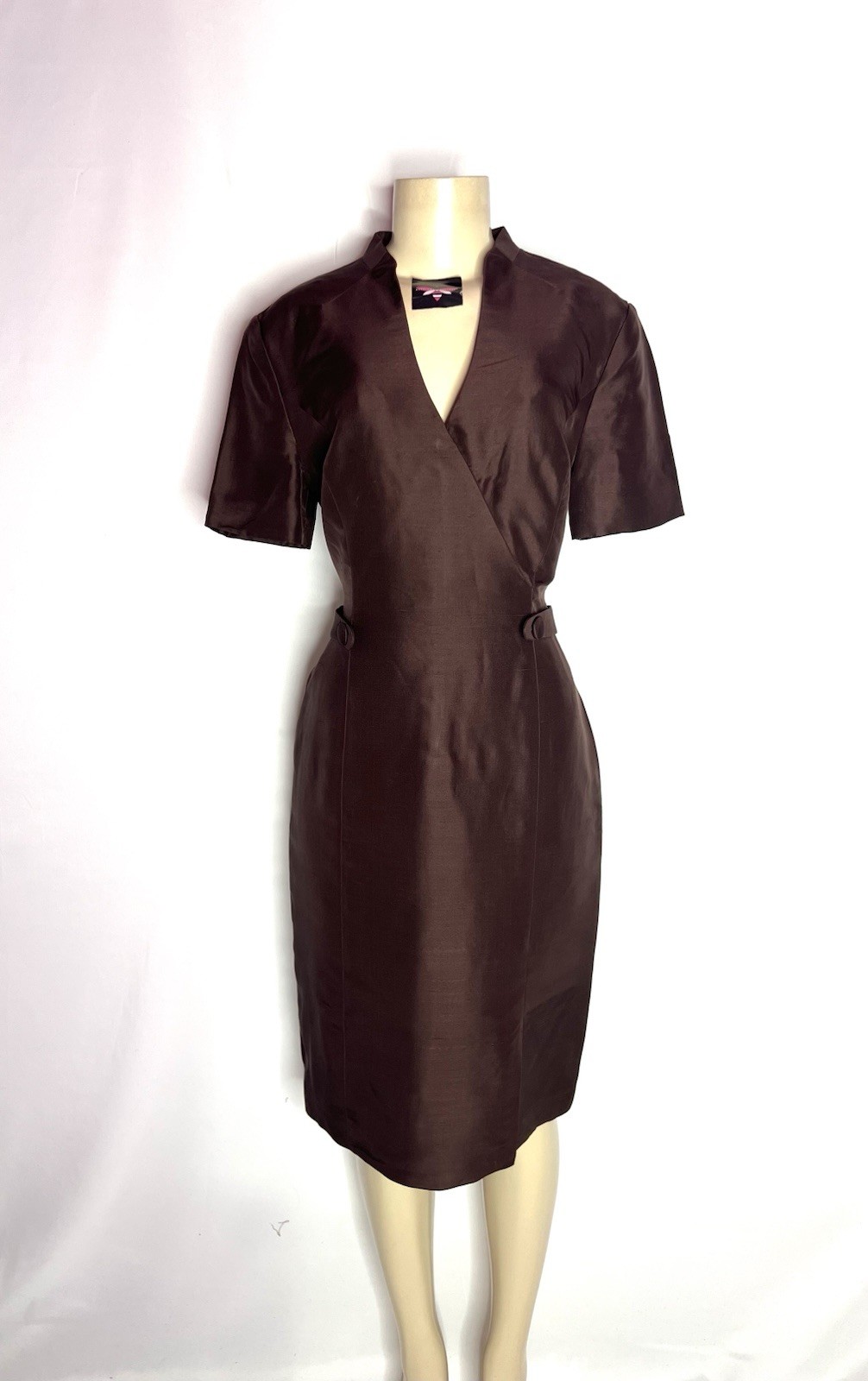 SHOMI BRAND BROWN SILK VINTAGE DRESS W/ BELTED SIDE SIZE 10