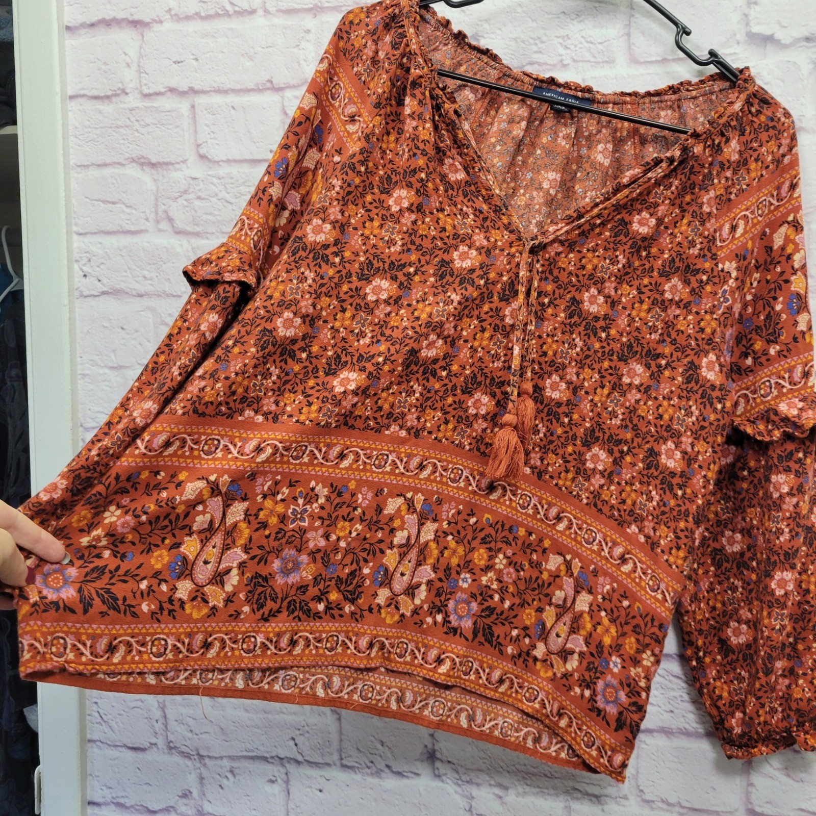American Eagle Boho Floral Blouse Womens L Rust Orange Tassel Cottagecore Hippie