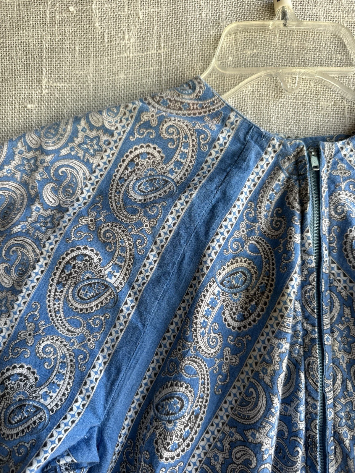 Vintage 70s Flowy Blue Paisley Bandana Boho Cotton Kaftan Maxi Dress One Size
